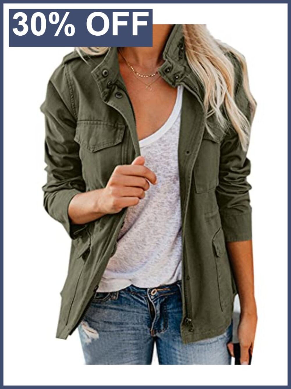 Women's Cotton Utility Safari Jacket Zip Up Military Stand Collar Relaxed Fit